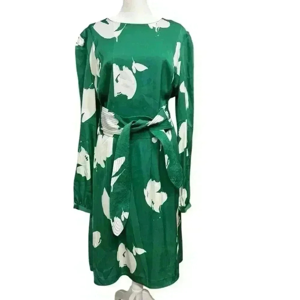 Lewit Green & White Floral Stretch Silk Long Sleeve Round Neck Belted Dress 14 - Picture 2 of 13